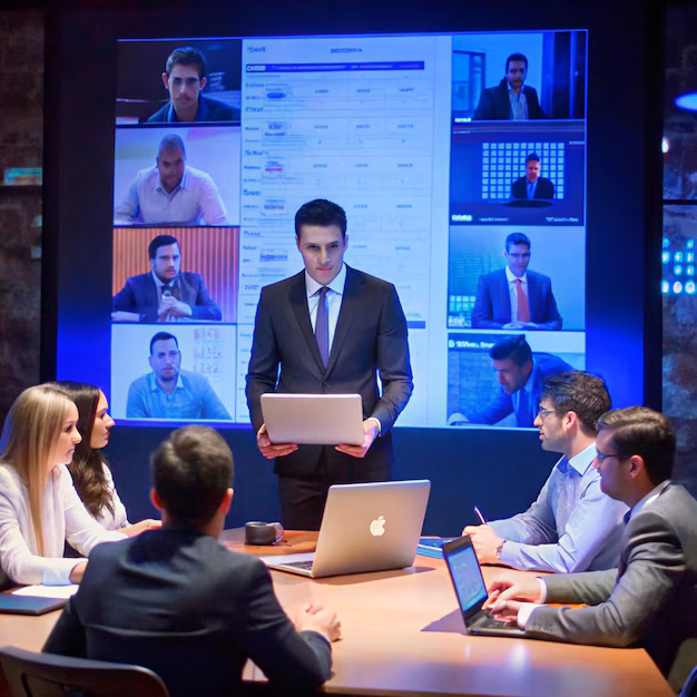 A presenter leading a meeting with remote participants