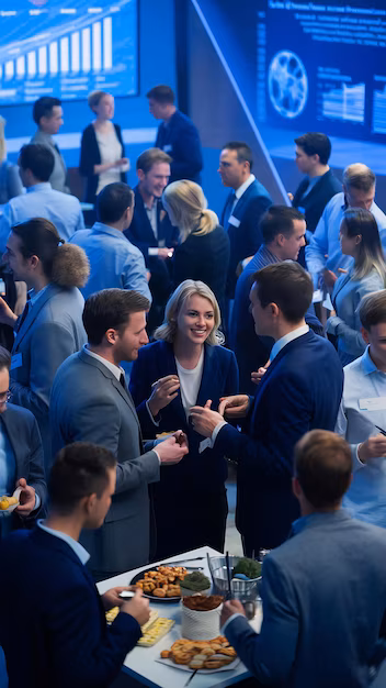 Professionals meeting and networking at a blue-lit conference